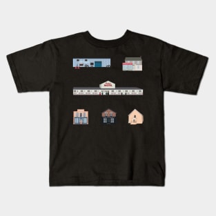 The Schitt's Creek Buildings, from the Rosebud Motel to Rose Apothecary Kids T-Shirt